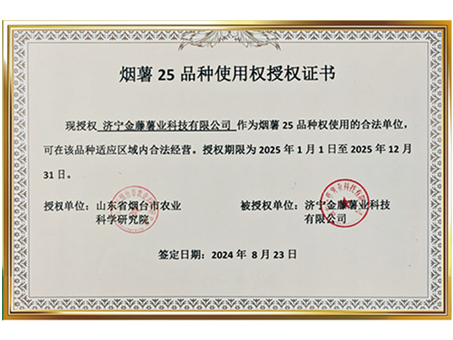 煙薯25品種使用權(quán)授權(quán)證書(shū)